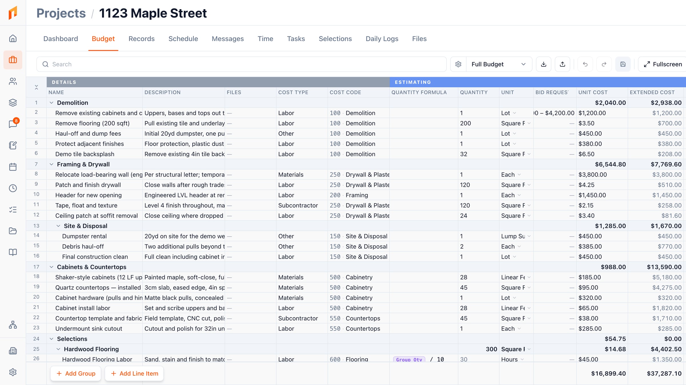 The Foreman budget sheet with cost codes, cost types and quantity formulas