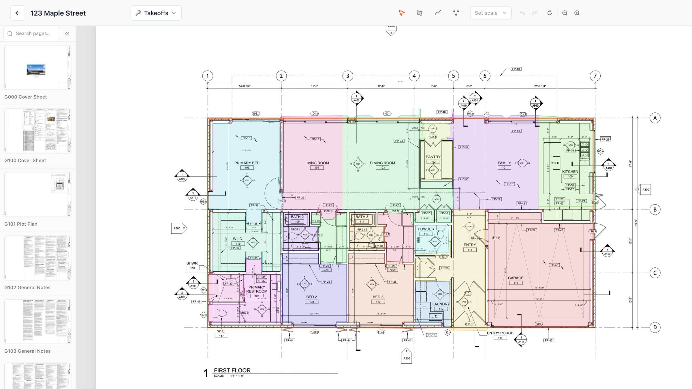 The Foreman plan editor with AI-measured rooms drawn over a floor plan